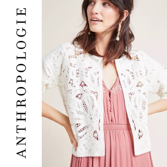 Anthropologie Sweaters - Anthropologie Ivory Crochet Open Front Cardigan Romantic Cottagecore Size S